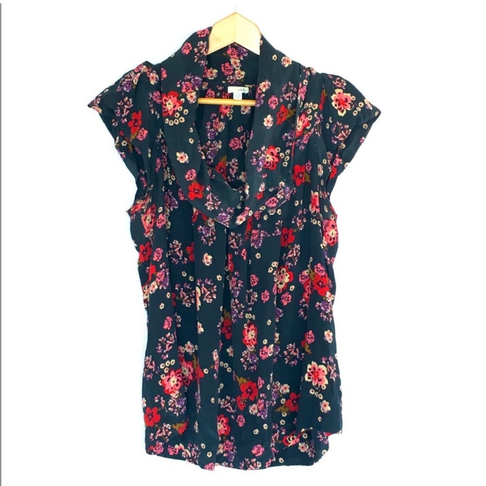 Romantic Anthropologie Odille Deuxhill Floral Cowl Neck Silk Blouse Cap Sleeves
